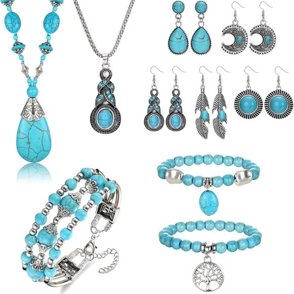 Boho Jewelry Set Turquoise Alloy Women's Gift Stylish Dangle Earrings - Picture 1 of 6